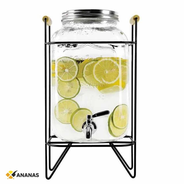 Glass Beverage Dispenser with Metal Stand. Elegant Drink Server with Tap.