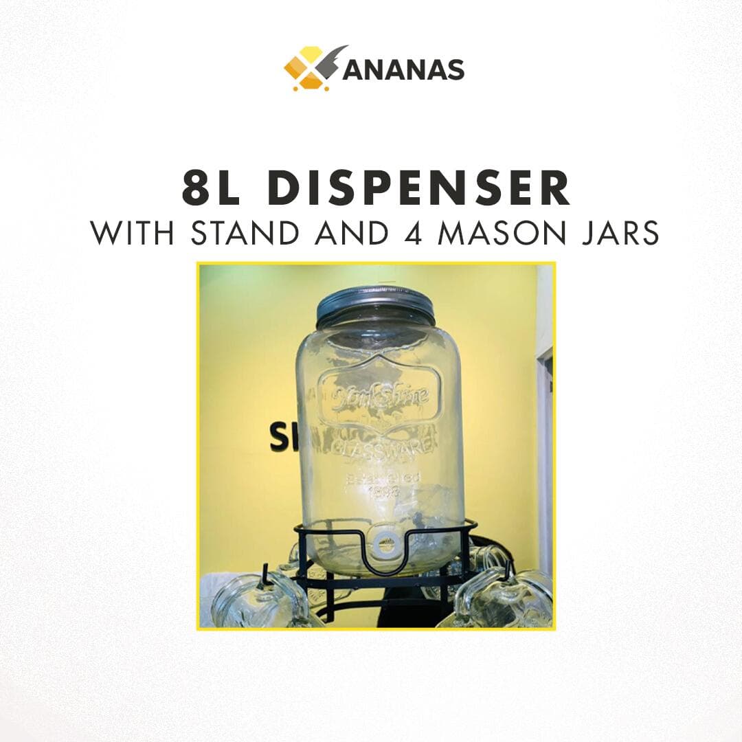 8L dispenser with stand and 4 mason jars