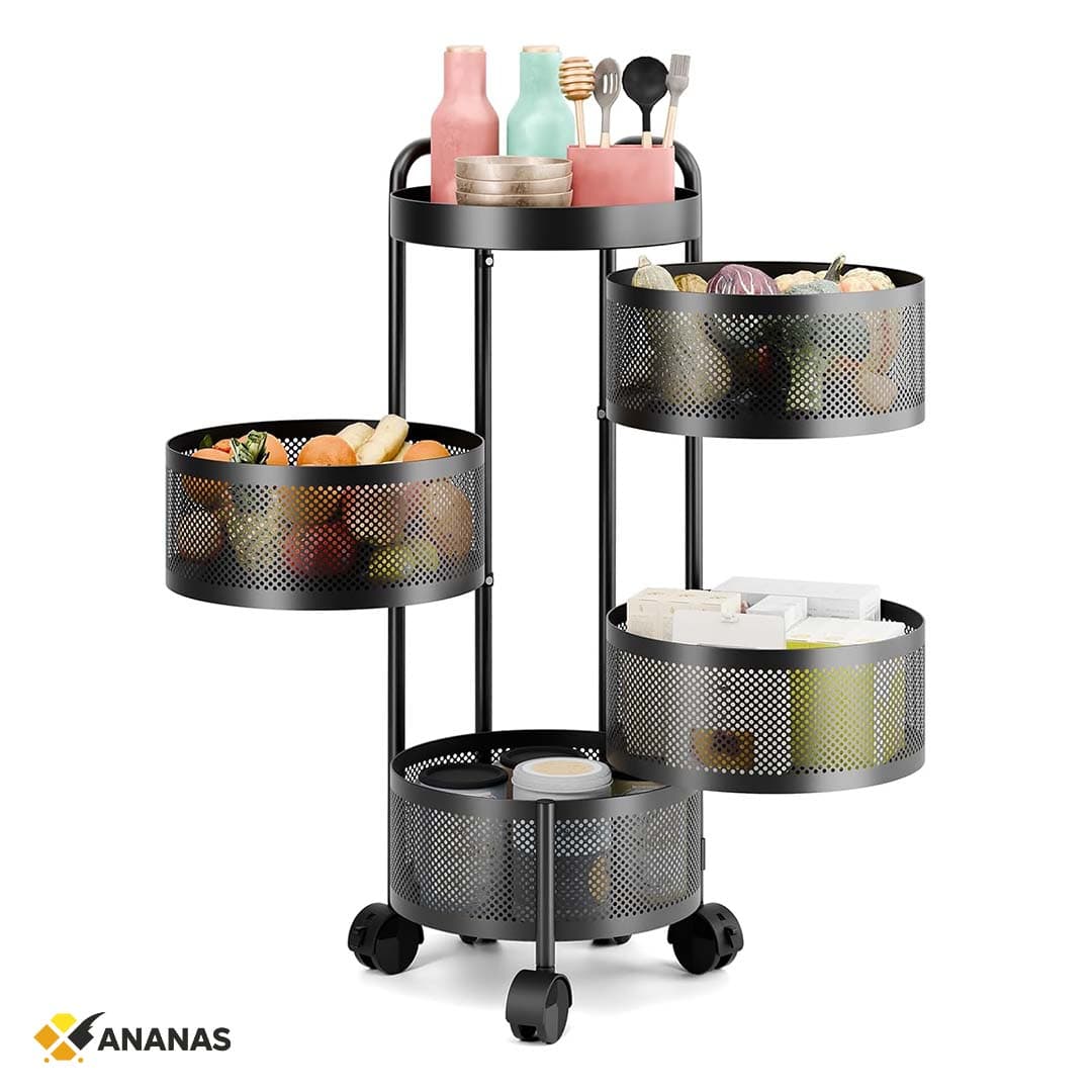 5-Tier Rotating Kitchen Storage Cart. Circular Mesh Basket Trolley with 360° Wheels. Multi Layer Metal Organizer for Fruits, Vegetables, & Pantry
