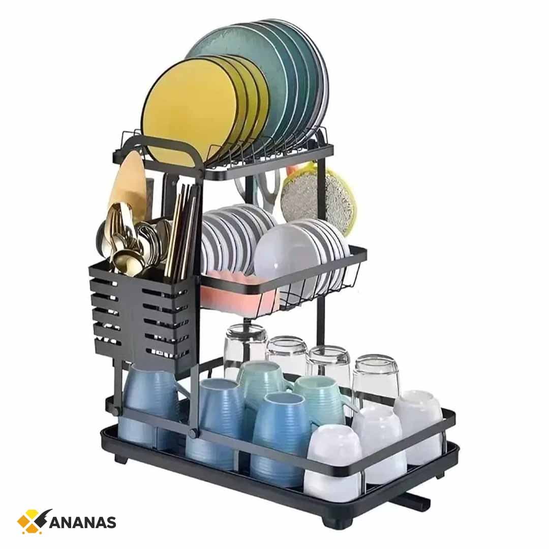 3-Tier Large Dish Drying Rack. Heavy-Duty Black Metal Drainer with Utensil Holder & Drainboard for Dishes, Cups, Pots & Pans