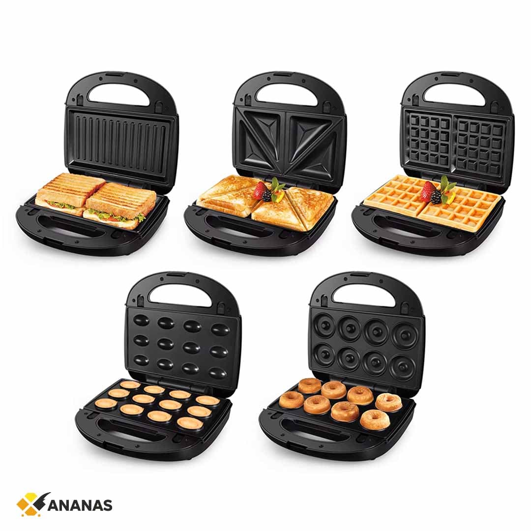 5-in-1 Detachable Sandwich Maker & Waffle Iron. Non-Stick Plates for Toasties, Panini, Waffles, Donuts, Grilled Sandwiches.