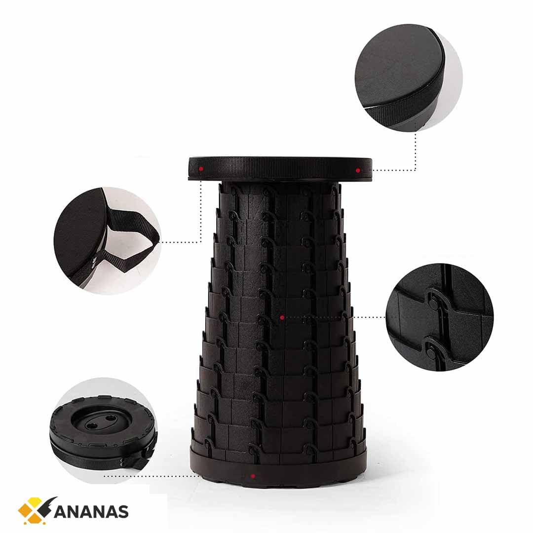 Portable Telescopic Folding Stool. Adjustable Height Compact Seat with Carry Handle