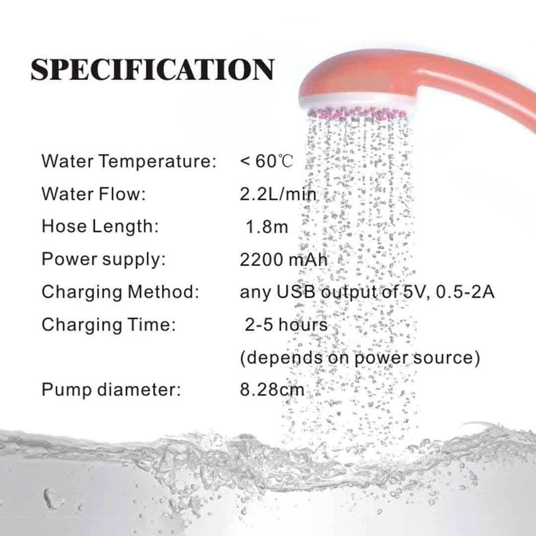 Portable Electric Shower Pump. Rechargeable Outdoor Shower with Hose & Spray Head