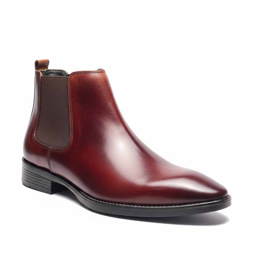 Burgundy Leather Chelsea Boots. Classic Elastic Fit with Sleek Finish