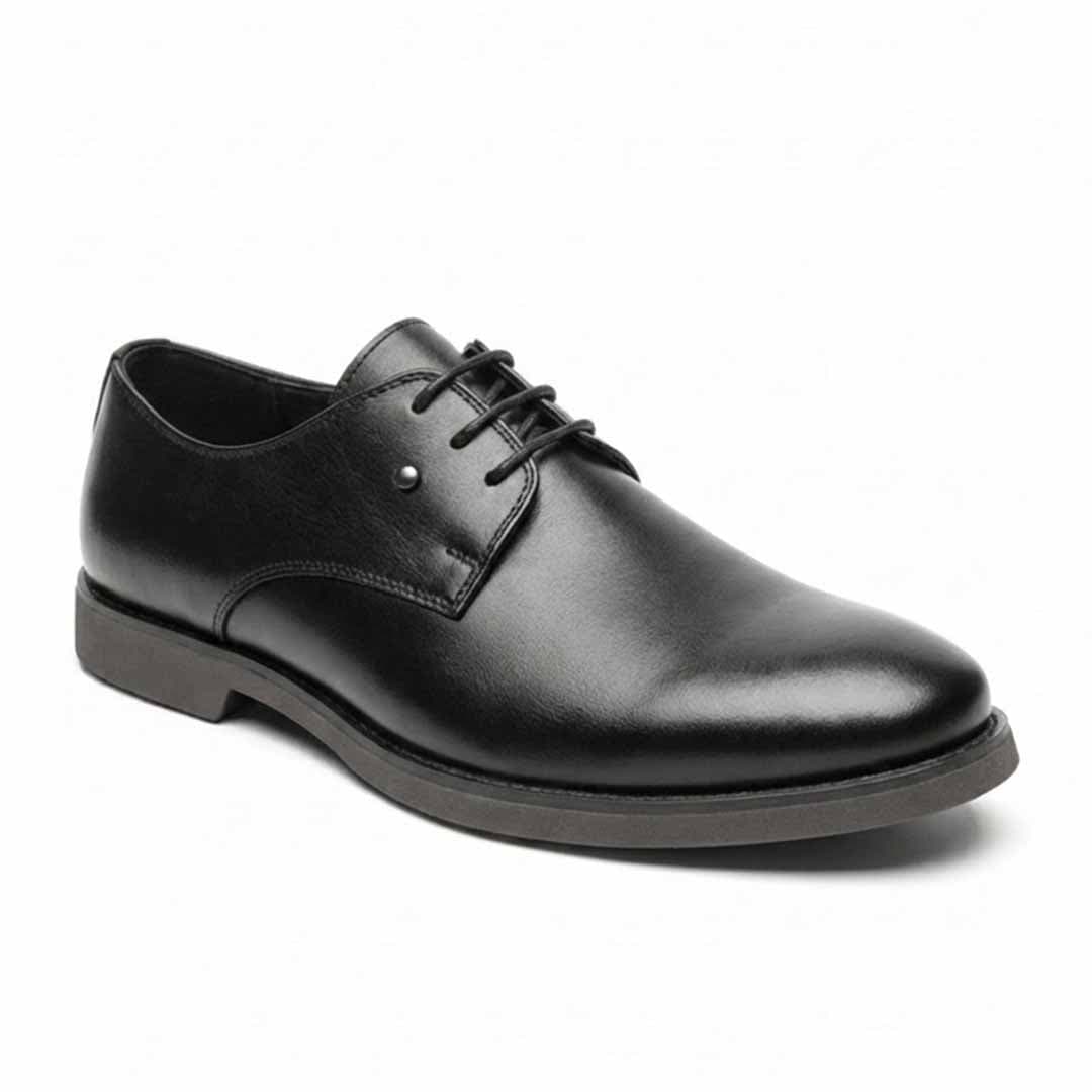 Black Leather Lace Up Dress Shoes. Timeless Formal Style with Cushioned Comfort.