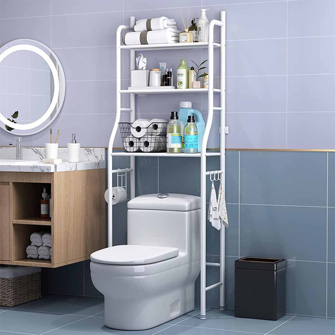 3-Tier Over-the-Toilet Storage Rack. Heavy Duty Bathroom Space Saver. Freestanding Metal Utility Shelf with Side Hooks & Toilet Paper Holder