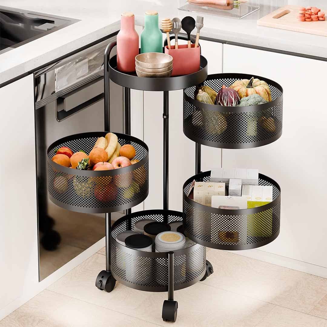 5-Tier Rotating Kitchen Storage Cart. Circular Mesh Basket Trolley with 360° Wheels. Multi Layer Metal Organizer for Fruits, Vegetables, & Pantry