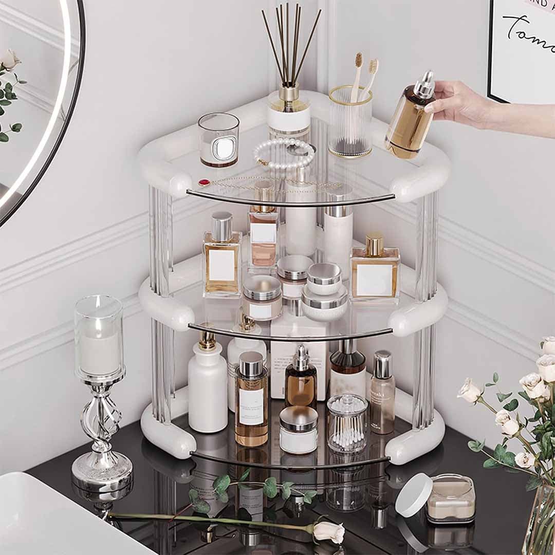 Luxury 3-Tier Corner Vanity Organizer. Modern Glass Perfume Stand & Skincare Display. Space Saving Countertop Storage for Bathroom, Bedroom, & Dresser.