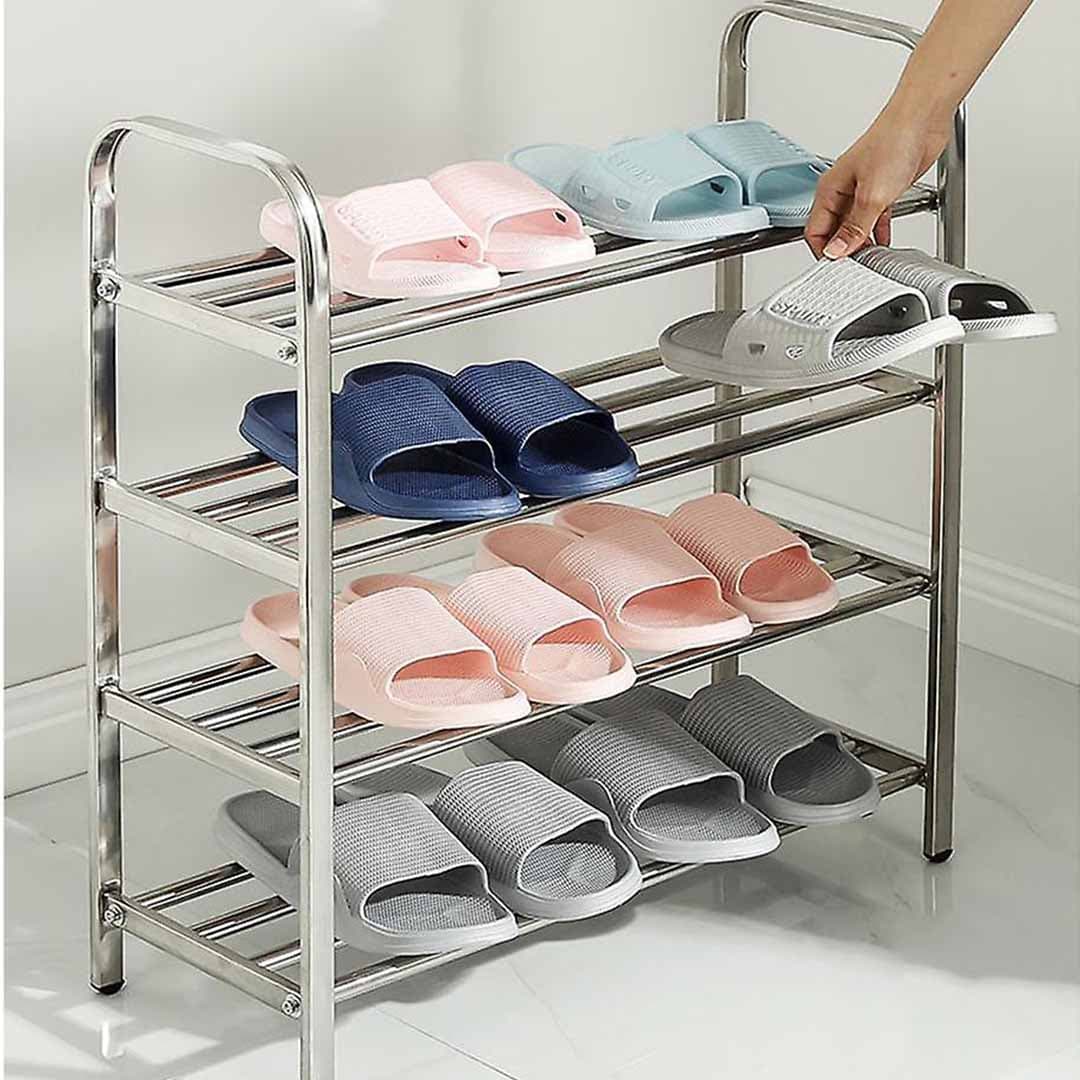 4 Layer Stainless Steel Shoe Rack. Rust Resistant Multi Layer Footwear Organizer.