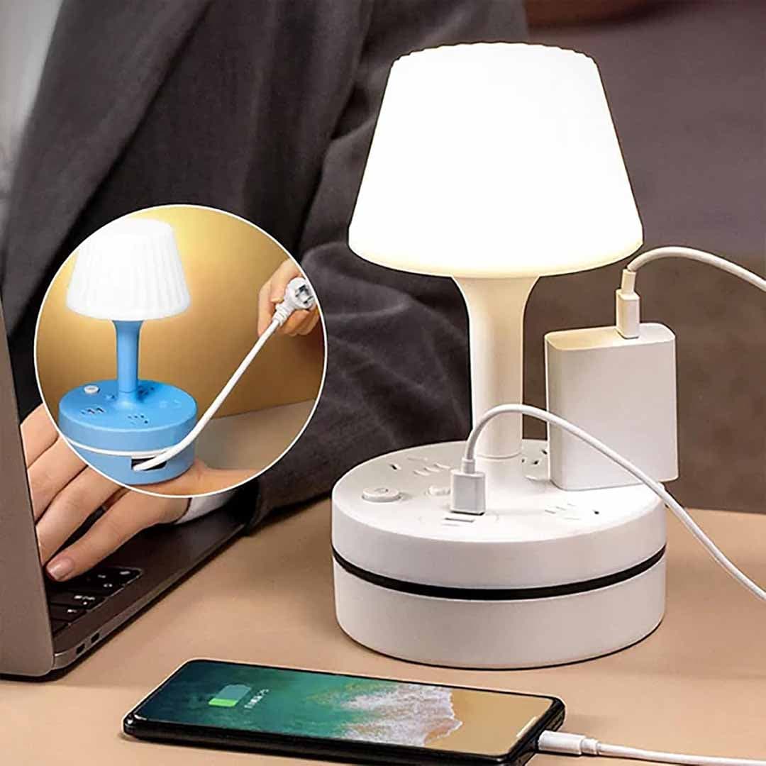Creative Pleated Shade Bedside Lamp with Power Strip. AC Outlets + USB Ports, 360° Rotatable Base, LED Night Light for Bedroom, Dorm, Office