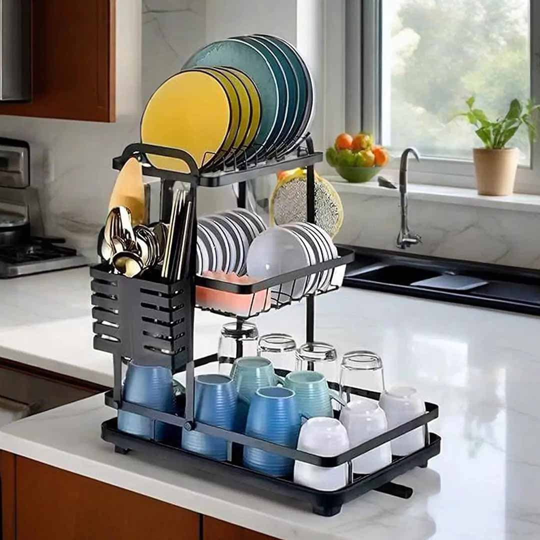 3-Tier Large Dish Drying Rack. Heavy-Duty Black Metal Drainer with Utensil Holder & Drainboard for Dishes, Cups, Pots & Pans