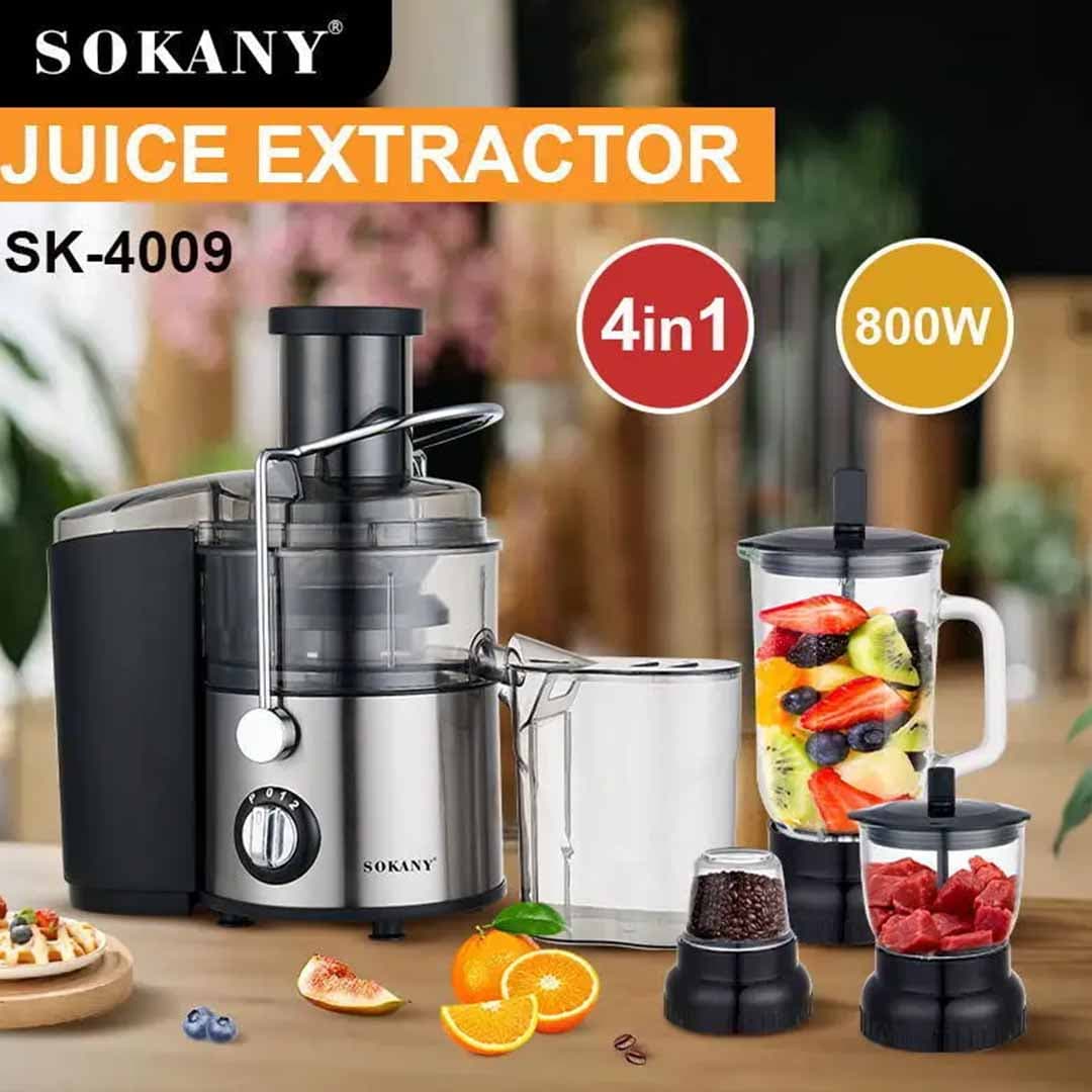 SOKANY 4-in-1 Professional Juicer Extractor & Food Processor Combo. 800W High-Speed Nutrient Blender, Meat Mincer, and Coffee Grinder. Stainless Steel All-in-One Kitchen Station