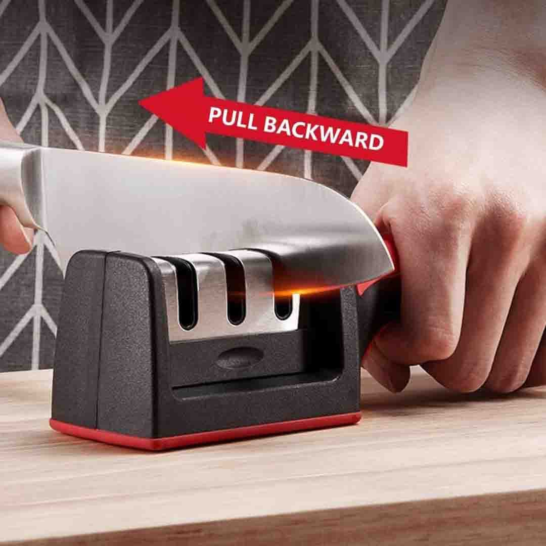 Professional 3-Stage Knife Sharpener. Manual Sharpening Tool for Kitchen Knives, Scissors & More