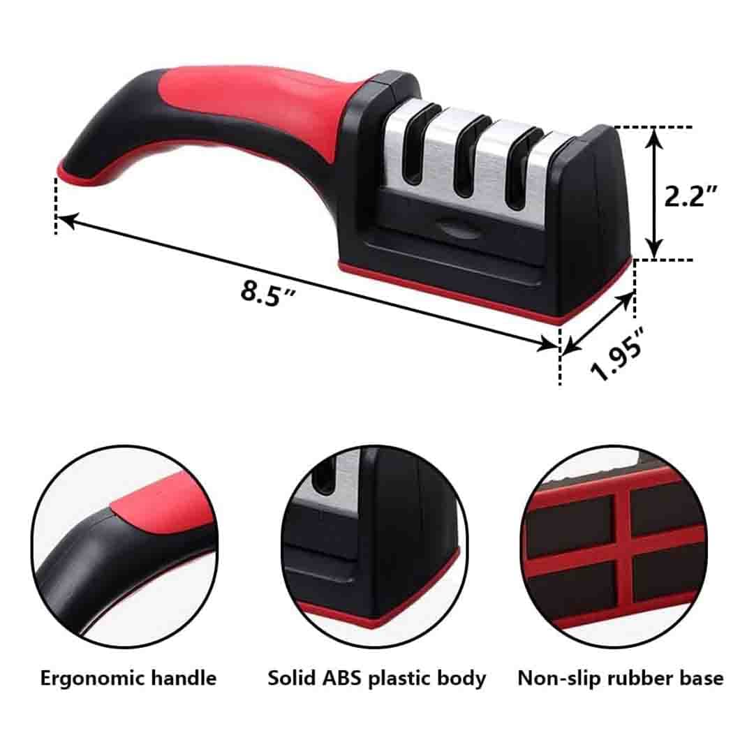 Professional 3-Stage Knife Sharpener. Manual Sharpening Tool for Kitchen Knives, Scissors & More