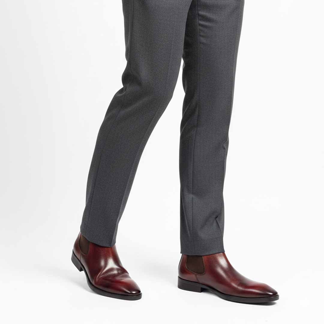 Burgundy Leather Chelsea Boots. Classic Elastic Fit with Sleek Finish