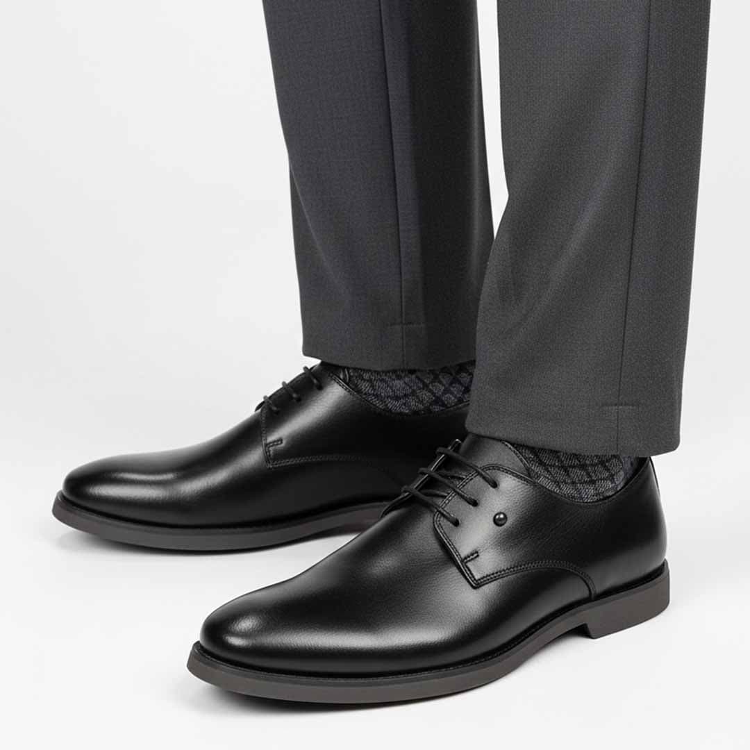 Black Leather Lace Up Dress Shoes. Timeless Formal Style with Cushioned Comfort.
