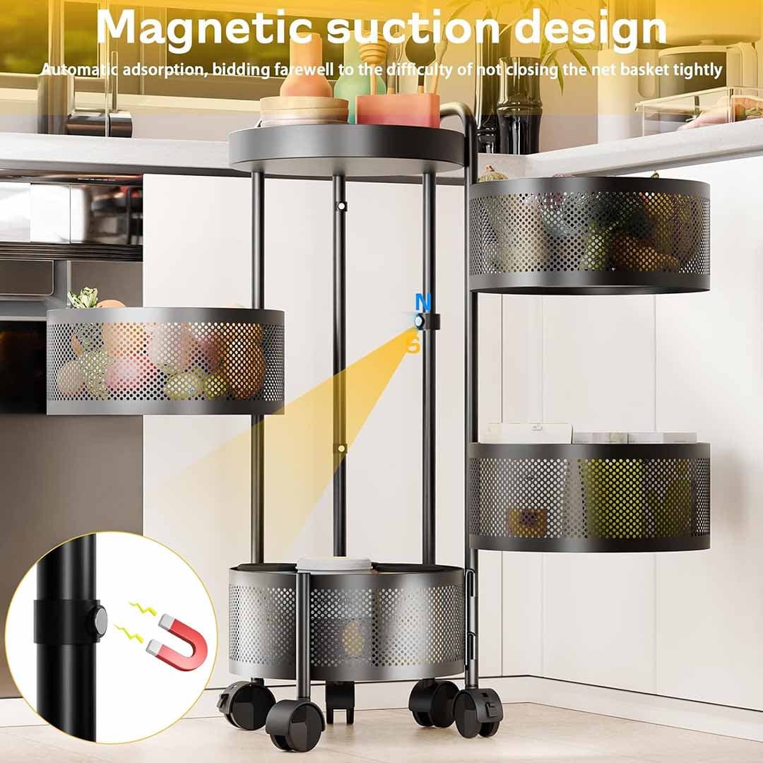 5-Tier Rotating Kitchen Storage Cart. Circular Mesh Basket Trolley with 360° Wheels. Multi Layer Metal Organizer for Fruits, Vegetables, & Pantry