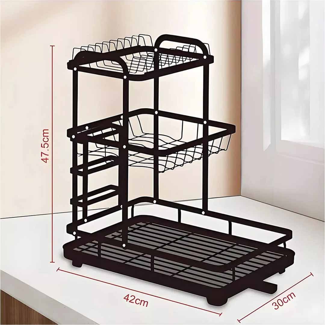 3-Tier Large Dish Drying Rack. Heavy-Duty Black Metal Drainer with Utensil Holder & Drainboard for Dishes, Cups, Pots & Pans