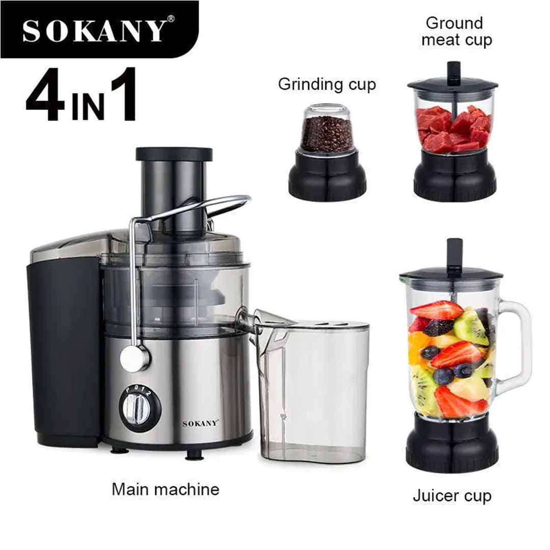 SOKANY 4-in-1 Professional Juicer Extractor & Food Processor Combo. 800W High-Speed Nutrient Blender, Meat Mincer, and Coffee Grinder. Stainless Steel All-in-One Kitchen Station