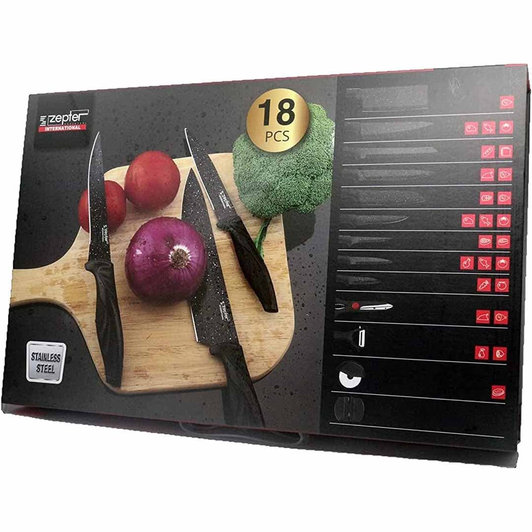 Zepter Quality 18-Piece Professional Kitchen Knife Set. Premium High Carbon Stainless Steel Chef Knives. Ergonomic Non-Slip Handles with Sharpener and Designer Storage Stand
