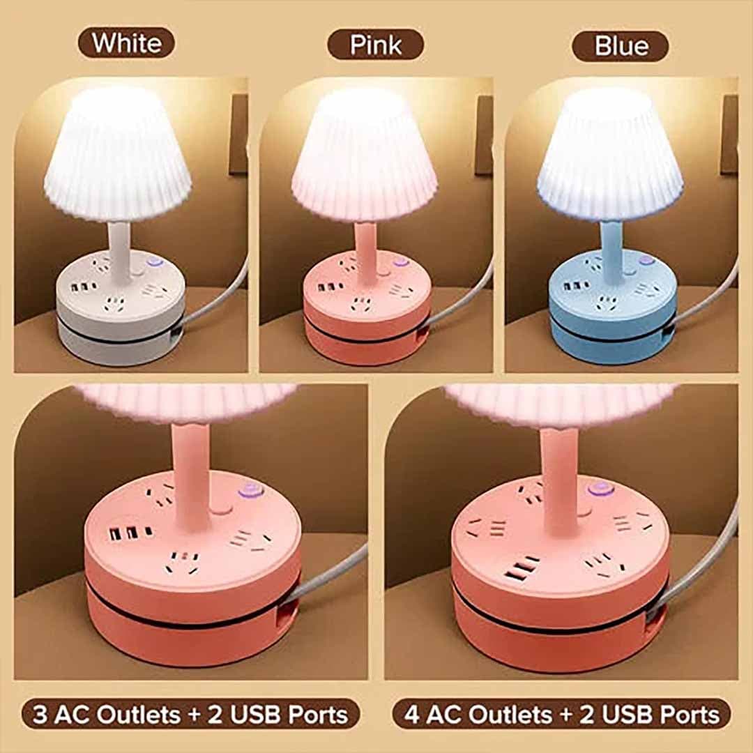 Creative Pleated Shade Bedside Lamp with Power Strip. AC Outlets + USB Ports, 360° Rotatable Base, LED Night Light for Bedroom, Dorm, Office