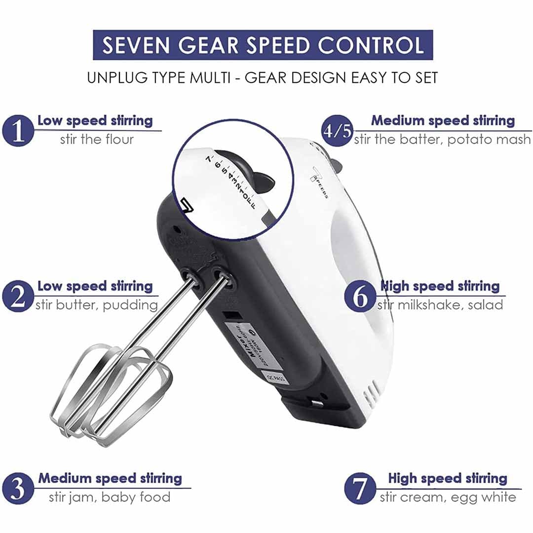 7-Speed Electric Hand Mixer with Stainless Steel Beaters & Dough Hooks. Lightweight Powerful Mixer for Baking, Whipping, Kneading