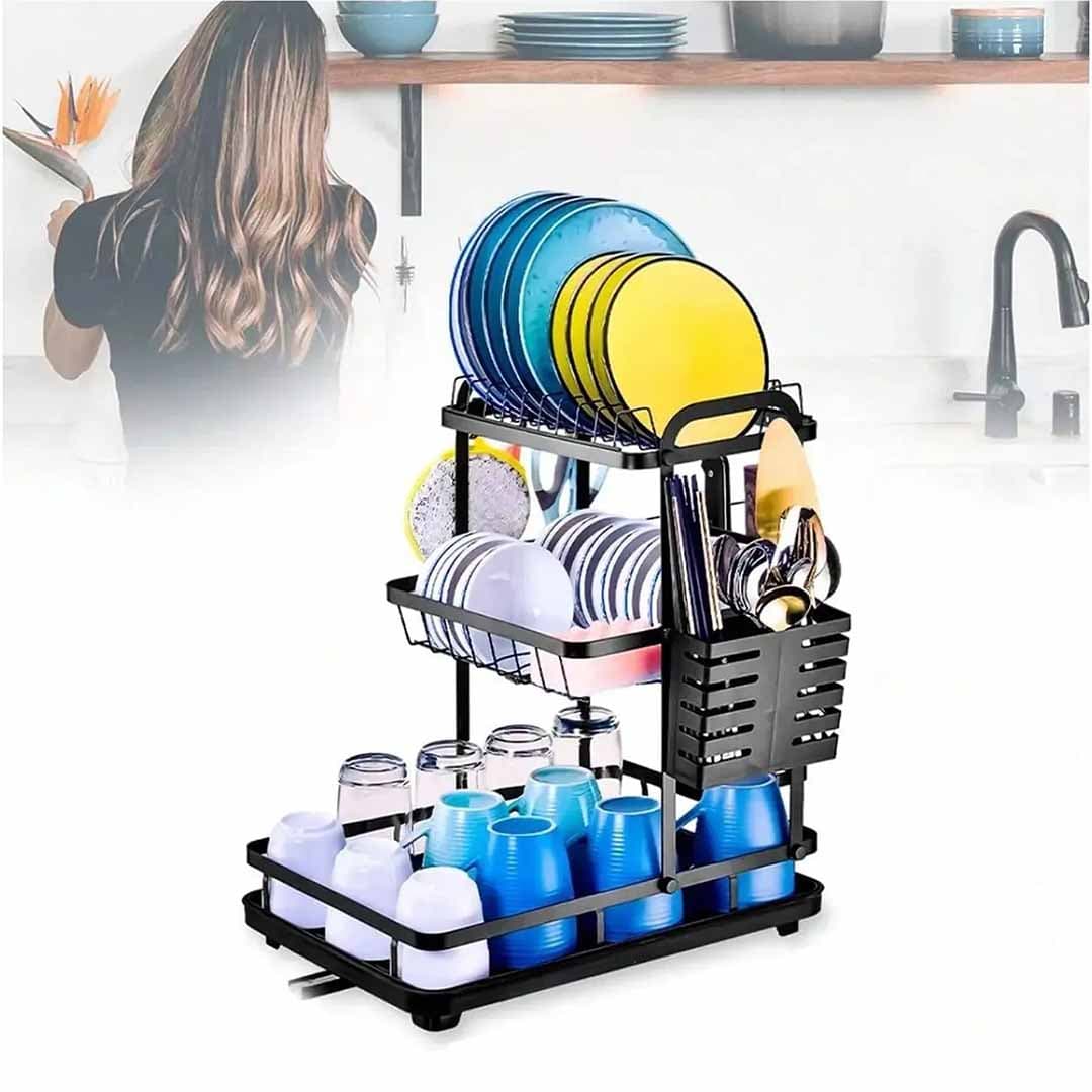 3-Tier Large Dish Drying Rack. Heavy-Duty Black Metal Drainer with Utensil Holder & Drainboard for Dishes, Cups, Pots & Pans