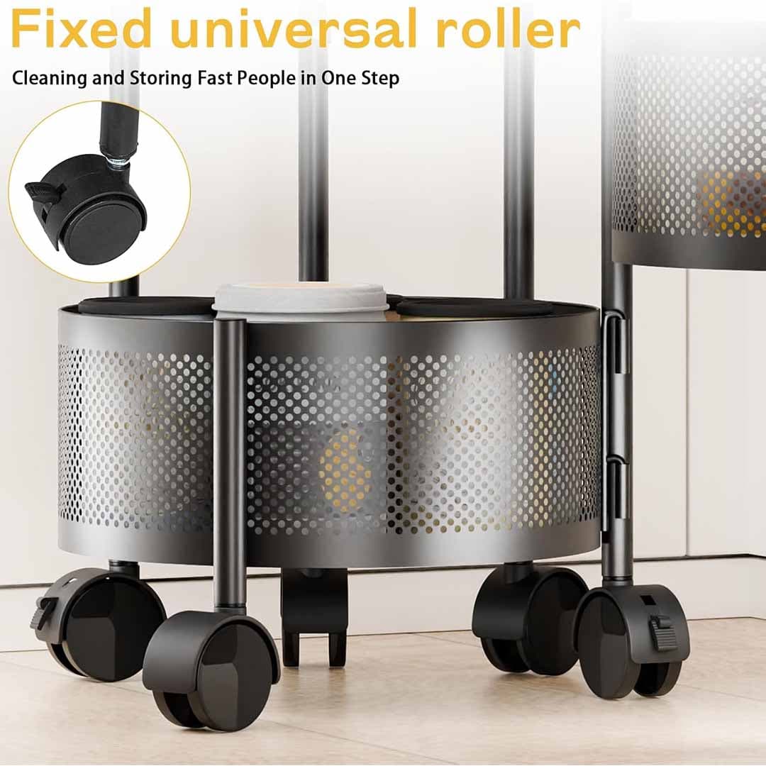 5-Tier Rotating Kitchen Storage Cart. Circular Mesh Basket Trolley with 360° Wheels. Multi Layer Metal Organizer for Fruits, Vegetables, & Pantry