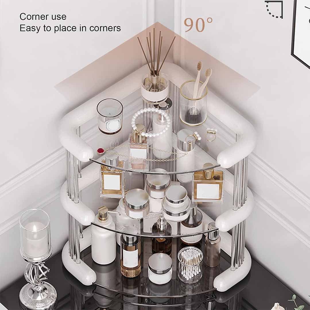 Luxury 3-Tier Corner Vanity Organizer. Modern Glass Perfume Stand & Skincare Display. Space Saving Countertop Storage for Bathroom, Bedroom, & Dresser.