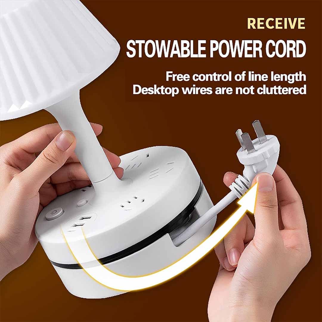 Creative Pleated Shade Bedside Lamp with Power Strip. AC Outlets + USB Ports, 360° Rotatable Base, LED Night Light for Bedroom, Dorm, Office
