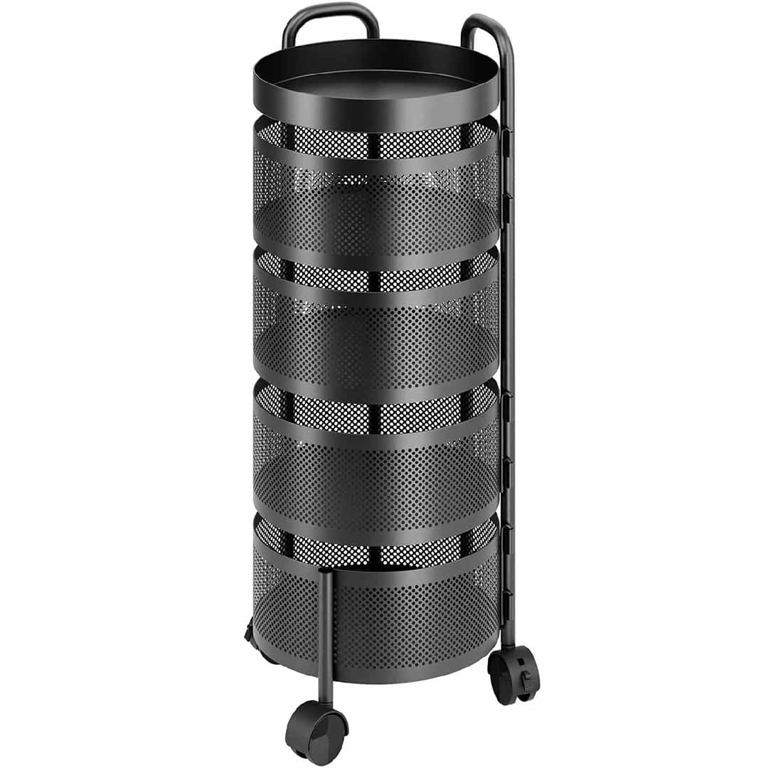 5-Tier Rotating Kitchen Storage Cart. Circular Mesh Basket Trolley with 360° Wheels. Multi Layer Metal Organizer for Fruits, Vegetables, & Pantry