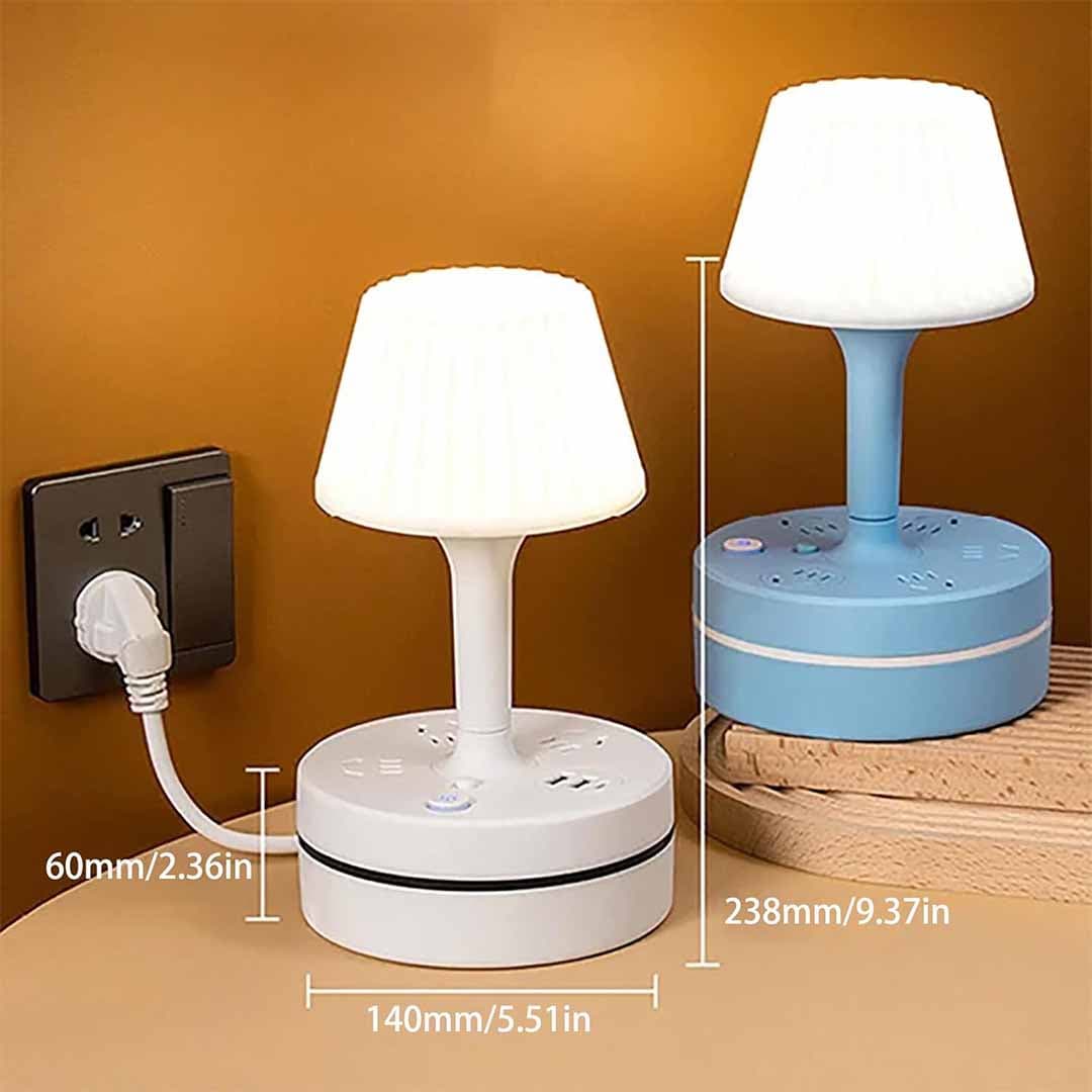 Creative Pleated Shade Bedside Lamp with Power Strip. AC Outlets + USB Ports, 360° Rotatable Base, LED Night Light for Bedroom, Dorm, Office