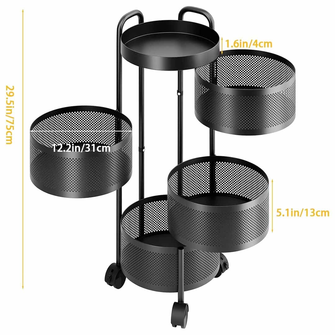 5-Tier Rotating Kitchen Storage Cart. Circular Mesh Basket Trolley with 360° Wheels. Multi Layer Metal Organizer for Fruits, Vegetables, & Pantry