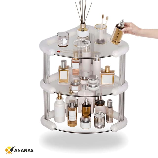 Luxury 3-Tier Corner Vanity Organizer. Modern Glass Perfume Stand & Skincare Display. Space Saving Countertop Storage for Bathroom, Bedroom, & Dresser.