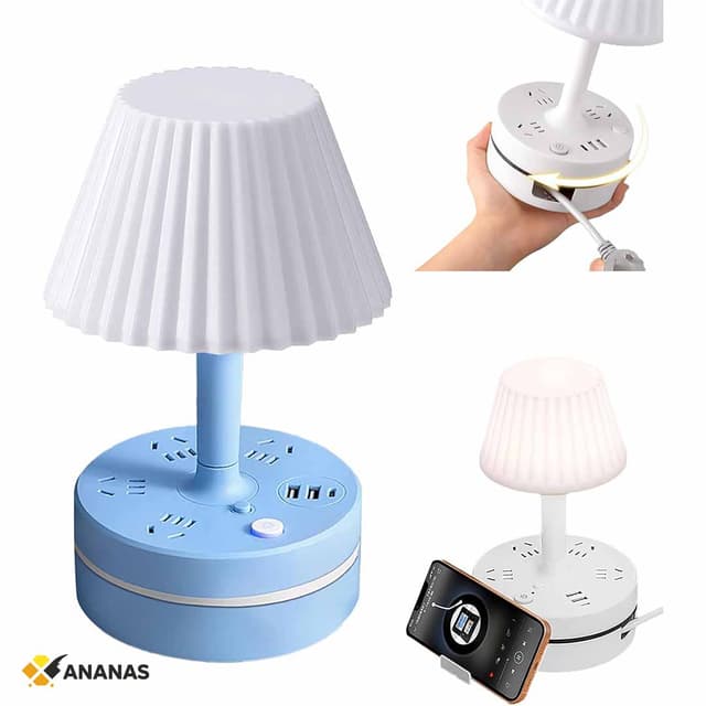 Creative Pleated Shade Bedside Lamp with Power Strip. AC Outlets + USB Ports, 360° Rotatable Base, LED Night Light for Bedroom, Dorm, Office