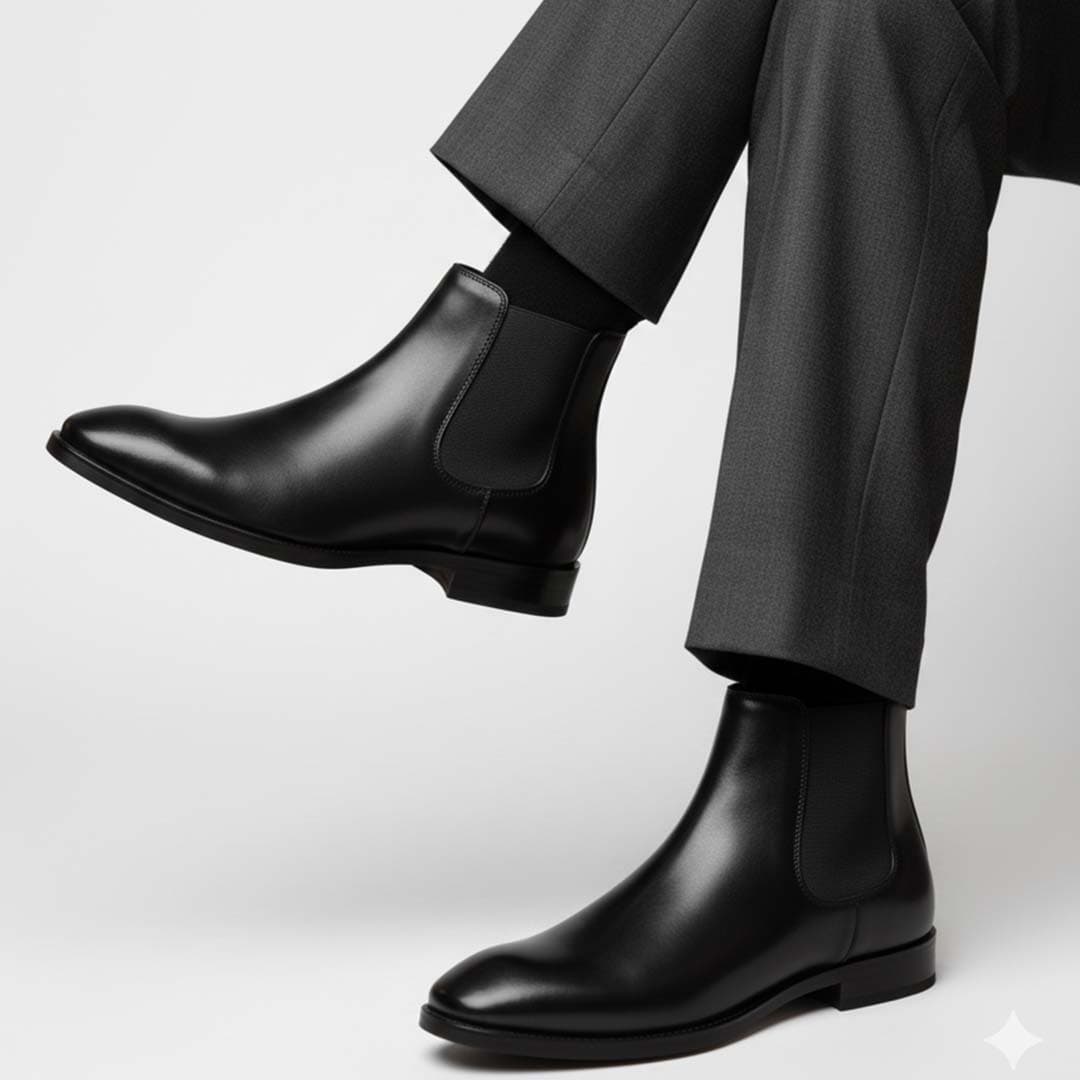 Handcrafted Black Chelsea Boots. Premium Glossy Leather with Classic Elastic Side Panels